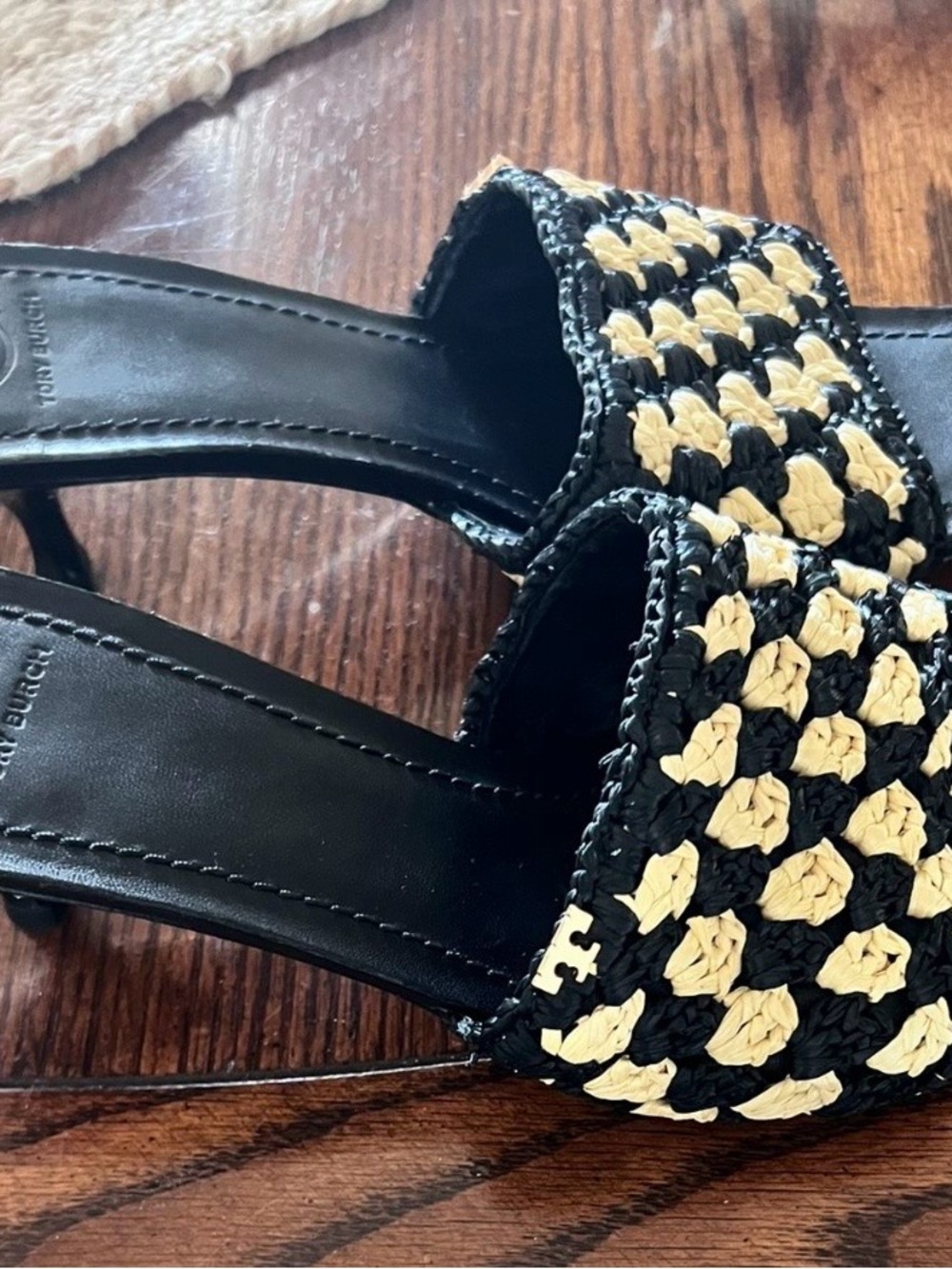 Tory Burch Black and Cream Woven Slide Mules